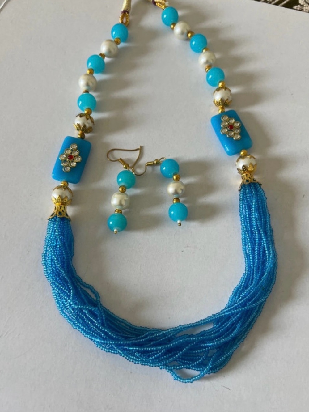 Turquoise Beaded Tassel Necklace & Drop Earrings - Blue